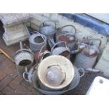 Assorted galvanised watering cans and buckets, etc