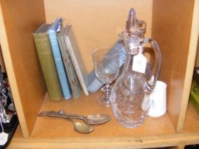 Two glass decanters, sailing books and other shipp