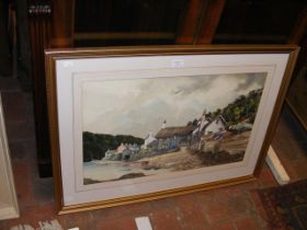 A watercolour of shoreline cottage scene - 40cm x