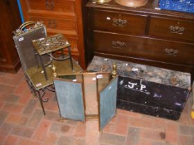 Brass fireside items, triptych dressing mirror and