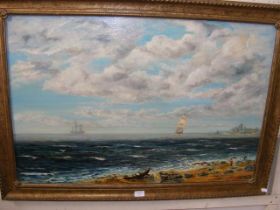 T J EDWARDS - large oil on canvas of shoreline sce