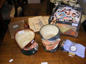 Two Royal Doulton character jugs, cigarette cards,