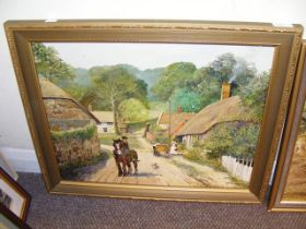 ERIC BURROWS - An oil on board of farmyard cottages and Shire Horse
