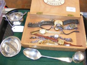 Assorted watches in cigar box and items of silver
