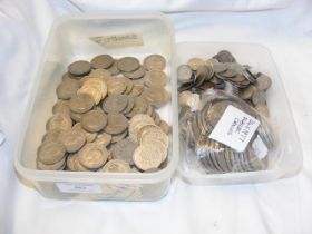 A selection of 2 shillings coins, sixpences etc.