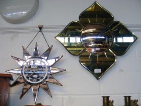 A mirrored sunburst wall clock, together with a fl