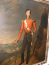 Victorian oil on canvas of Army Officer holding sw