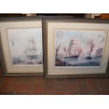 Two coloured prints of tall ships - framed and gla