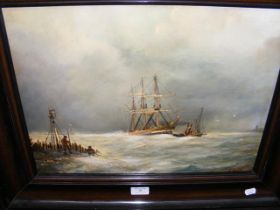 A. HULK - oil on canvas of three masted ship being