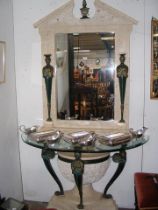 A modern glass top console table with Egyptian sty