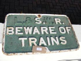 An old South Western Railway cast metal 'Beware of