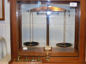 British Made scientific scales in five glass case