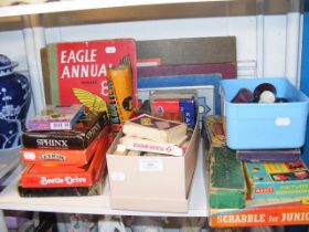 A quantity of vintage board and card games, together with Eagle Annuals No 8. and No. 11.