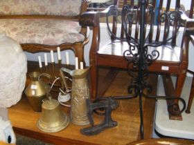 Assorted metal ware, together with a rug