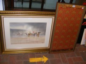 A watercolour of race horses in rain - signed, tog