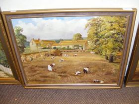 ERIC BURROWS - An oil on board 'Harvest Time at Mottistone Manor' dated 1890