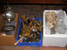 A quantity of oil lamp parts, together with a pair