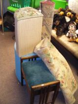 Two Lloyd Loom linen baskets, piano stool, two rug
