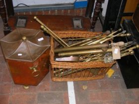 An old copper coal scuttle, together with various