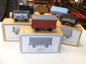 Five boxed Skytrex model railway wagons, loco