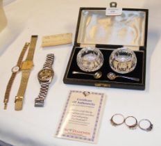 Gents and ladies wrist watches, table salts