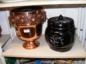A copper ice bucket and an oriental cigar pot with