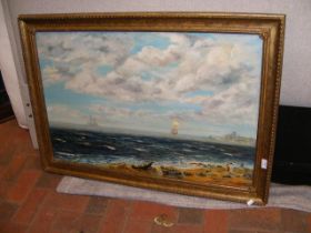 T J EDWARDS - large oil on canvas of shoreline sce