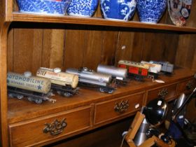 Six old Hornby and other 0 gauge freight tankers,