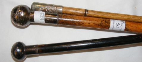 Three military swagger sticks with insignia to the
