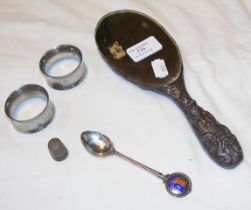 A silver backed dressing table mirror, napkin ring