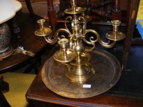 A brass four branch centre-piece candelabra, toget