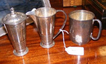 A silver cream jug, sugar shaker, Christening tankard