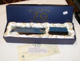 A replica Mallard locomotive in box