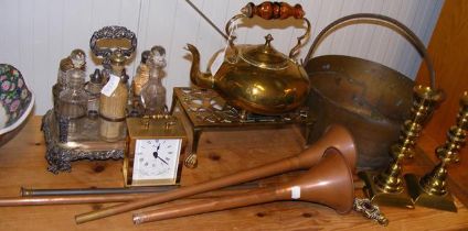 A selection of brass, copper and silver plated war