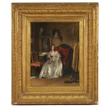 A 19TH CENTURY FRENCH OIL ON CANVAS FULL PORTRAIT OF A YOUNG LADY IN AN ARTIST’S STUDIO