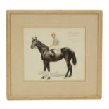 KENNETH S. MACINTIRE DATED 1938. A 20TH CENTURY WATERCOLOUR OF RACEHORSE AND JOCKEY “HIGH STRIKE OWN