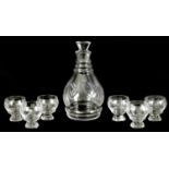A FRENCH ART DECO DESIGN CLEAR GLASS DECANTER AND SIX GLASSES