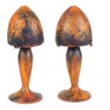 A PAIR OF 20TH CENTURY ART NOUVEAU ORANGE AND BLUE GLASS LAMPS IN THE STYLE OF LE VERRE FRANCAIS