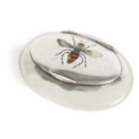 A SILVER AND ENAMEL PEBBLE SHAPED PILL BOX