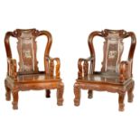 A PAIR OF 20TH CENTURY CHINESE HARDWOOD OVERSIZED ARM CHAIRS