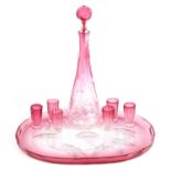 AN ART NOUVEAU RUBY AND CLEAR GLASS MOSER DECANTER, TRAY AND SIX GLASSES