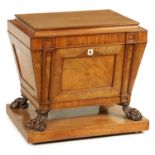 A GOOD GEORGE III MAHOGANY AND AMARILLO WOOD INLAID WINE COOLER ON STAND