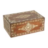 A 19TH CENTURY ANGLO INDIAN IVORY AND SILVER METAL INLAID HARDWOOD JEWELLERY BOX