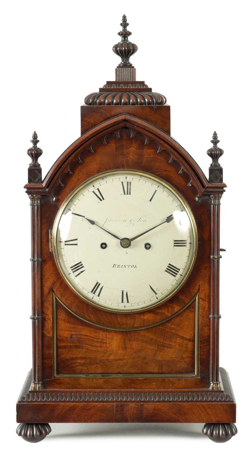 JACKSON & SON, BRISTOL. A REGENCY FIGURED MAHOGANY EIGHT-DAY FUSEE BRACKET CLOCK