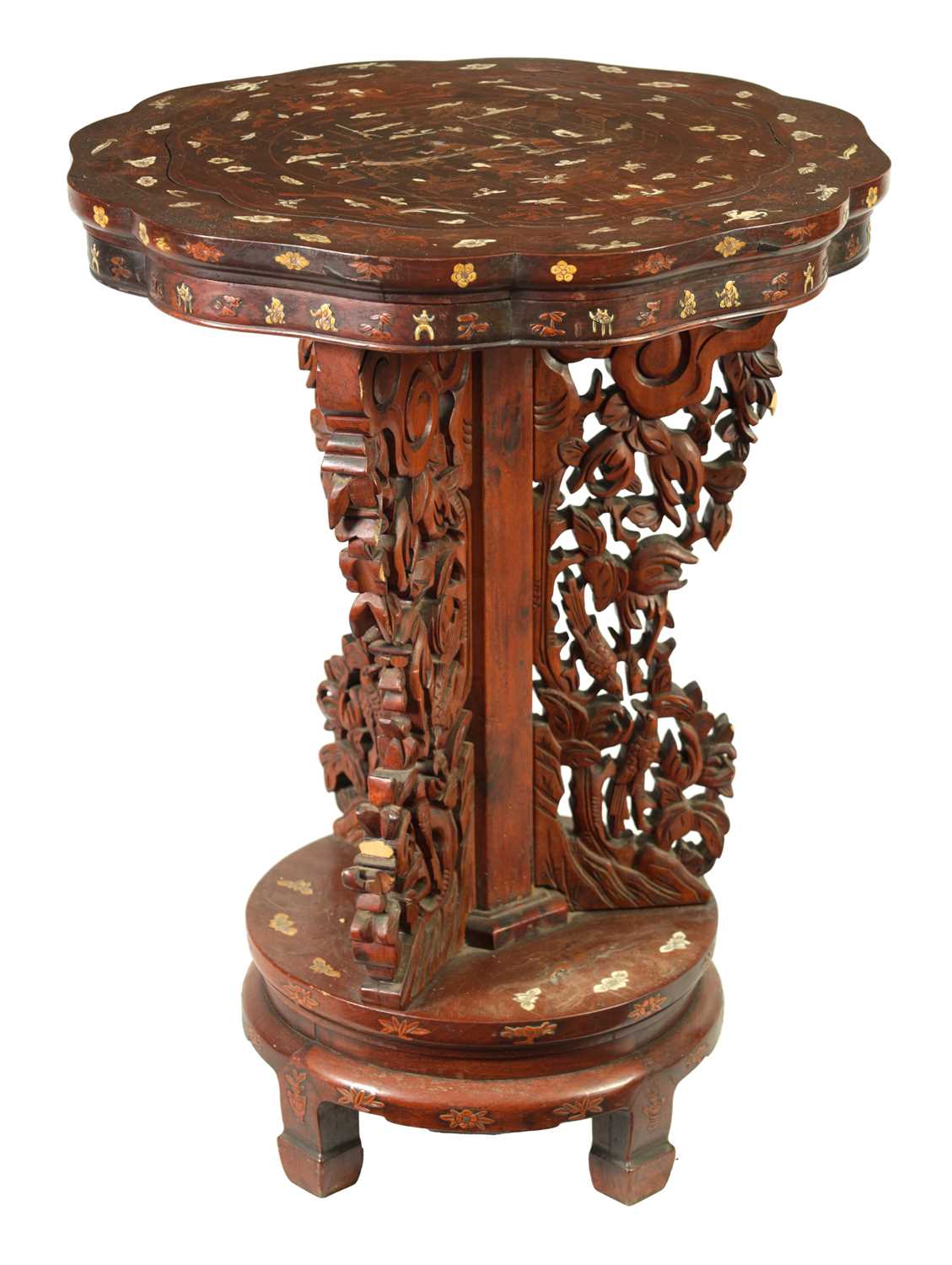 A 19TH CENTURY CHINESE BOXWOOD AND IVORY INLAID HARDWOOD OCCASIONAL TABLE