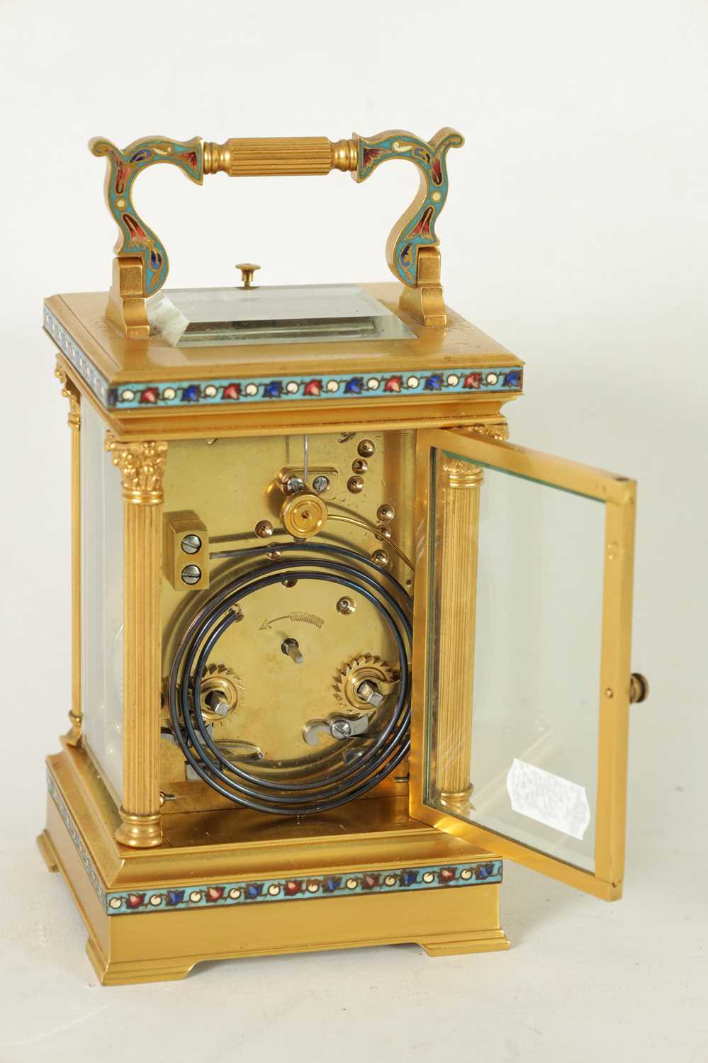 A LATE 19TH CENTURY FRENCH GILT BRASS AND CHAMPLEVE ENAMEL REPEATING CARRIAGE CLOCK - Image 9 of 10
