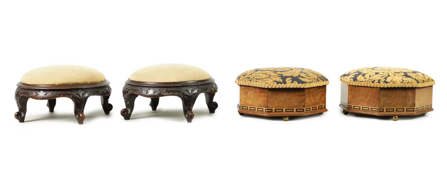 A PAIR OF 19TH CENTURY OCTAGONAL SHAPED INLAID WALNUT FOOTSTOOLS