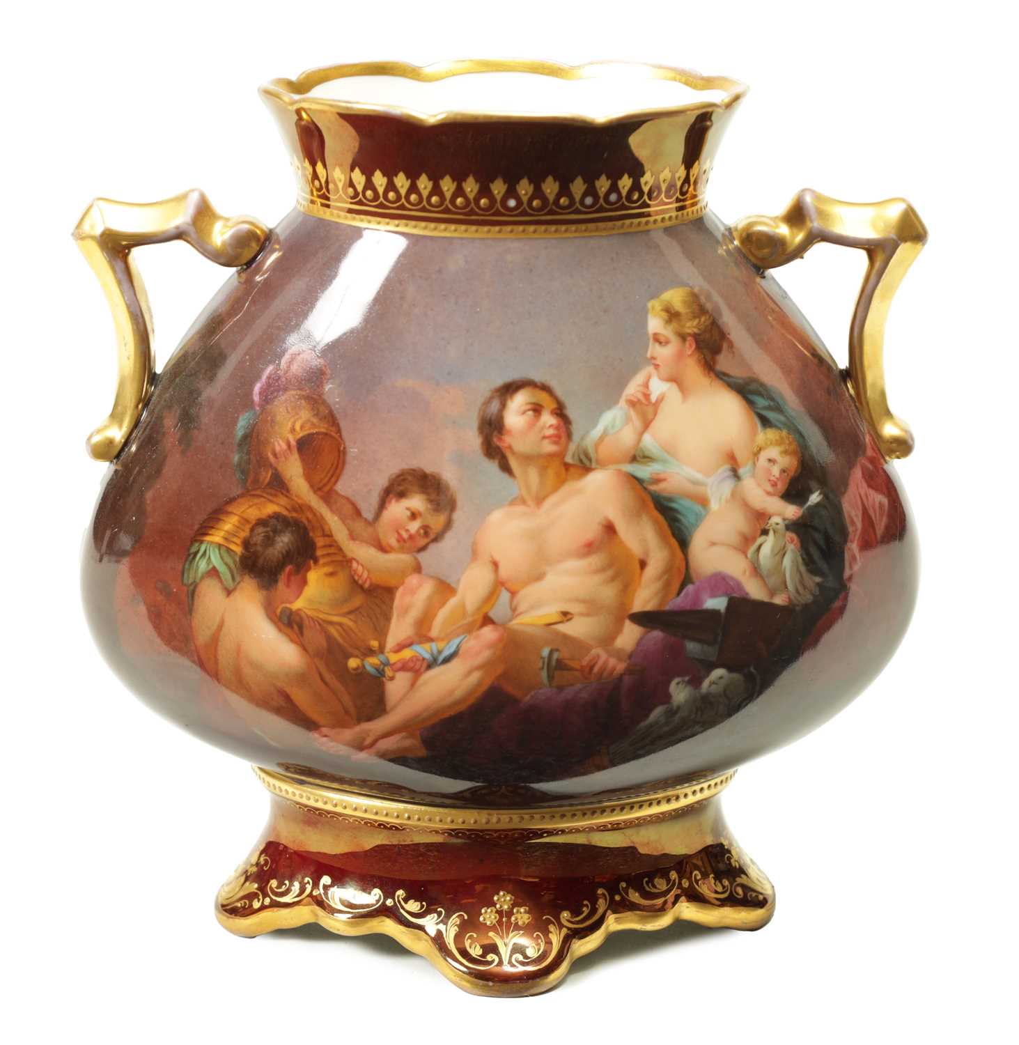 A LATE 19TH/EARLY 20TH CENTURY ‘VIENNA’ GILT TWO-HANDLED FLATTENED OVOID CABINET VASE