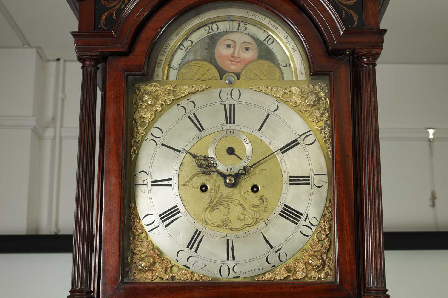 JOSEPH FINNEY, LIVERPOOL. A GEORGE III FIGURED MAHOGANY LONGCASE CLOCK - Image 9 of 16