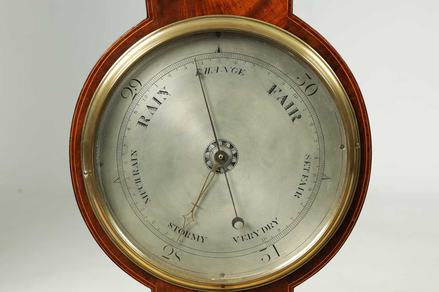 JAMES VECCHIO, NOTTINGHAM. A LATE GOERGE III FIGURED MAHOGANY WHEEL BAROMETER - Image 2 of 9